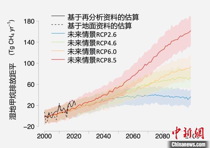 基于觀測的濕地甲烷排放變化與未來氣候變化情景下估算的對比?！≈锌圃呵嗖馗咴?供圖
