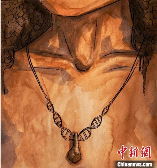 墜飾藝術(shù)再現(xiàn)圖，圖中吊墜繩為DNA螺旋樣式(圖片作者M(jìn)yrthe Lucas)?！∈┢樟指瘛ぷ匀?供圖
