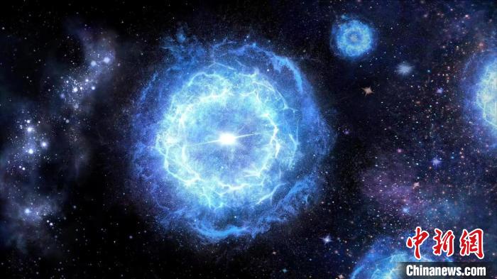 第一代超大質(zhì)量恒星演化成為“對不穩(wěn)定超新星”的藝術(shù)展示圖?！≈锌圃簢姨煳呐_ 供圖