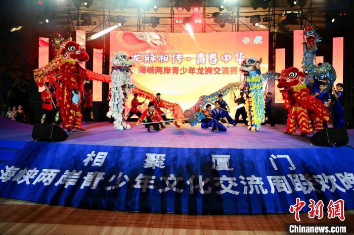 聯(lián)歡晚會(huì)上，兩岸青少年同臺(tái)呈現(xiàn)龍獅表演?！⊥鯑|明 攝