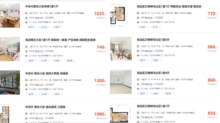 北京市海淀區(qū)部分高單價二手房源截圖。