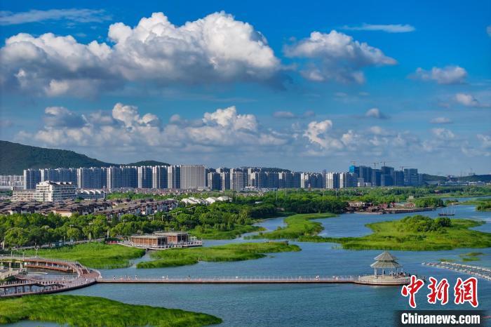 資料圖：航拍蘇州太湖湖濱國(guó)家濕地公園，藍(lán)天碧水生態(tài)美。 泱波 攝