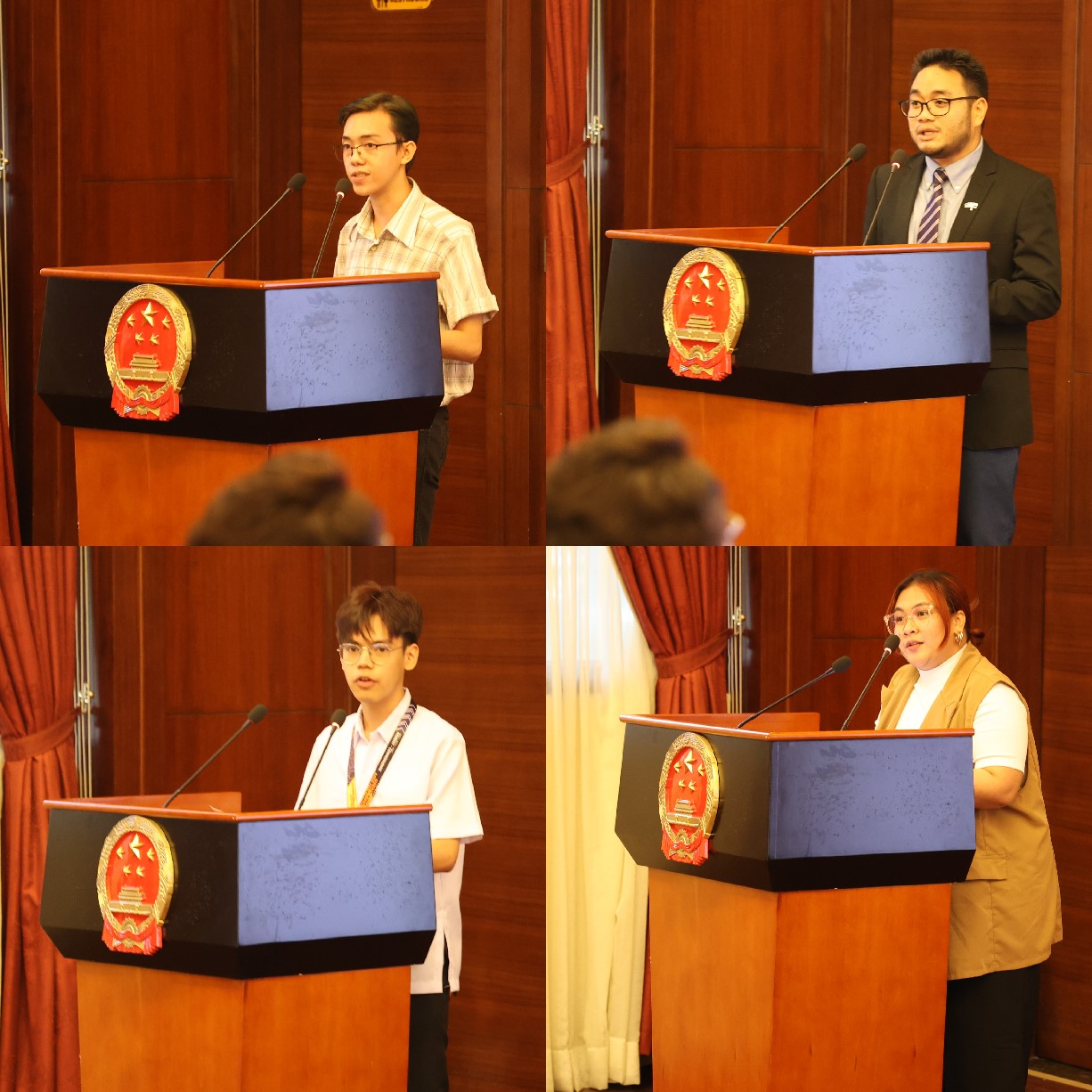 菲律賓大學(xué)、菲律賓師范大學(xué)的4位學(xué)生和校友代表現(xiàn)場(chǎng)發(fā)言向中方表示感謝并分享體會(huì)。駐菲律賓使館 供圖