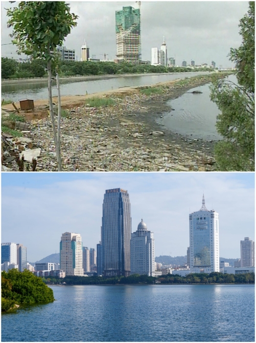 上圖：筼筜湖治理前資料圖。下圖：筼筜湖如今的美麗風(fēng)光。人民網(wǎng)記者 吳超嵐攝