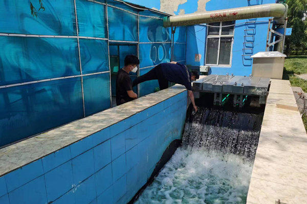 邯鄲市雞澤縣藍(lán)天污水處理廠員工正在出水口進(jìn)行水質(zhì)檢測。鄭佳欣攝