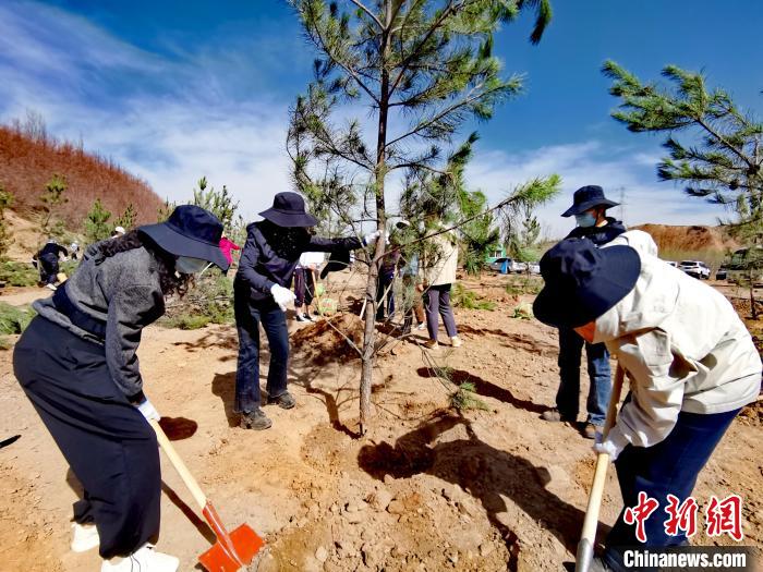 圖為西寧市城東區(qū)干部職工參加義務(wù)植樹?！?zhí)砀?攝