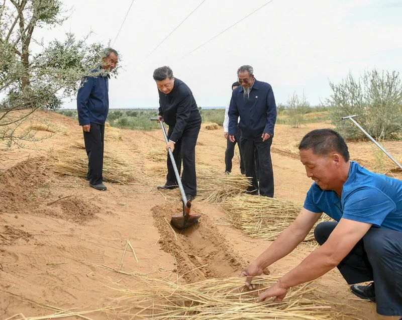 2019年8月21日，習(xí)近平來到甘肅省武威市古浪縣八步沙林場，實(shí)地察看當(dāng)?shù)刂紊吃炝?、生態(tài)保護(hù)等情況。新華社記者 謝環(huán)馳 攝