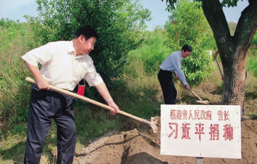 2001年10月，習(xí)近平在龍巖市長汀縣調(diào)研水土流失治理工作，在河田世紀(jì)生態(tài)園為樹培土。圖源：《習(xí)近平在福建（下）》