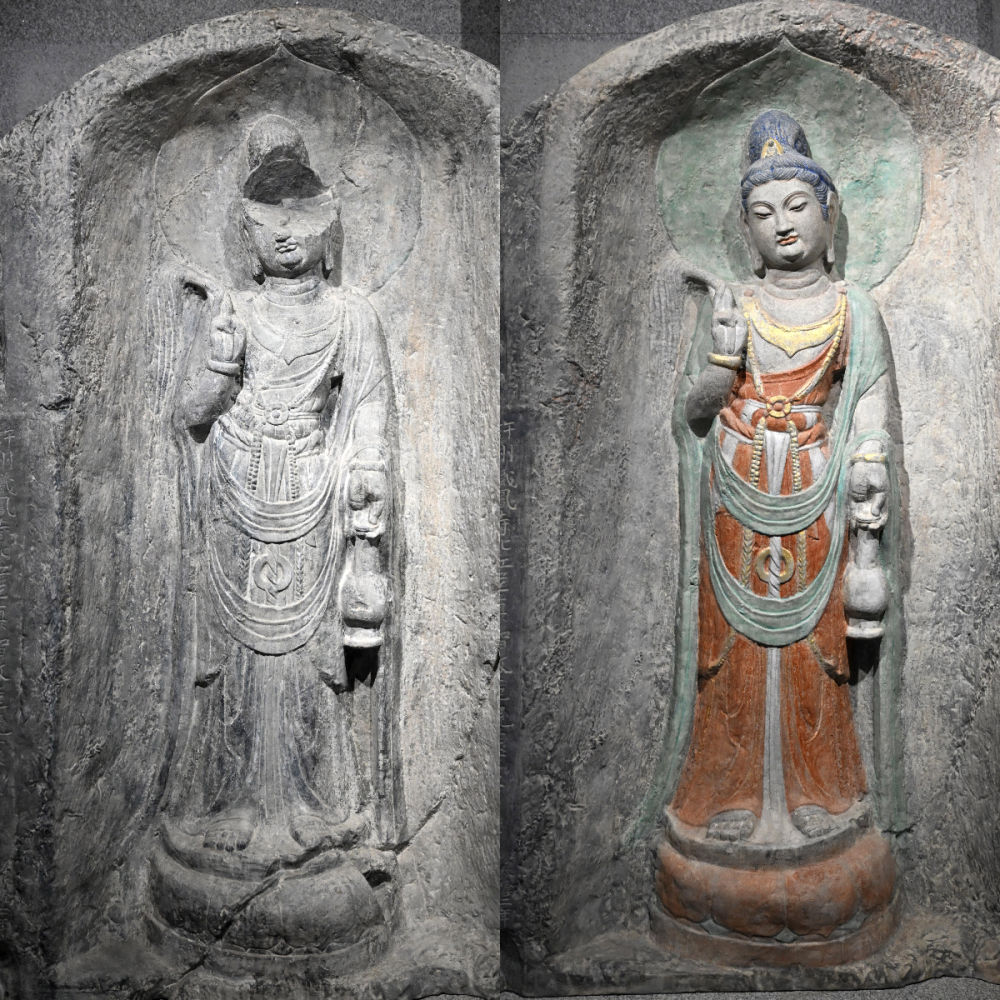 左圖為龍門石窟萬佛洞窟前南壁菩薩造像的3D打印模型；右圖為利用數(shù)字化技術(shù)復(fù)原后的3D打印模型（2025年4月10日攝，拼版照片）。復(fù)原后的像龕精妙絕倫，栩栩如生，被游客譽(yù)為“龍門最美菩薩”。圖片來源新華社