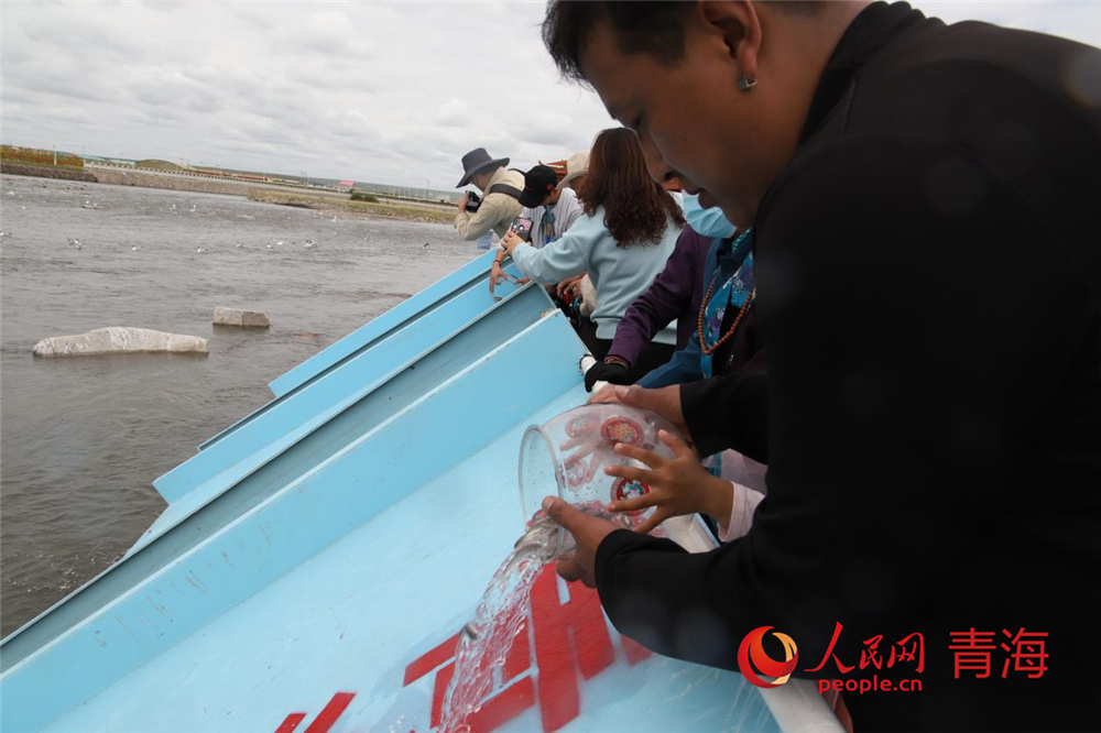 群眾放流青海湖裸鯉。人民網(wǎng) 陳明菊攝