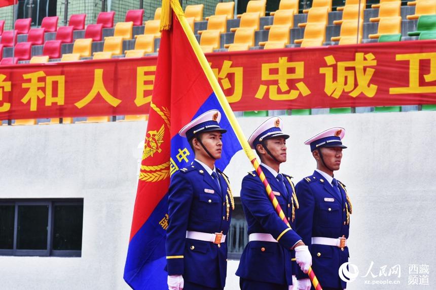 迎國家綜合性消防救援隊伍隊旗。人民網(wǎng) 李海霞 攝