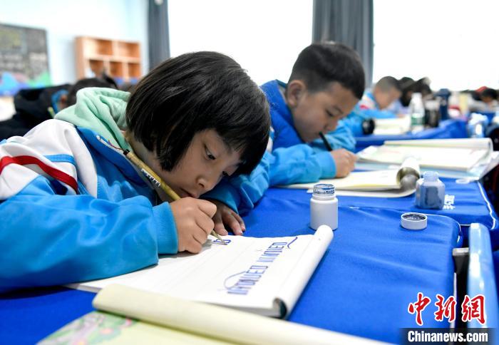 3月14日，西藏拉薩市第一小學(xué)一年級(jí)六班的學(xué)生們?cè)诓卣Z文課上書寫藏文?！±盍?攝
