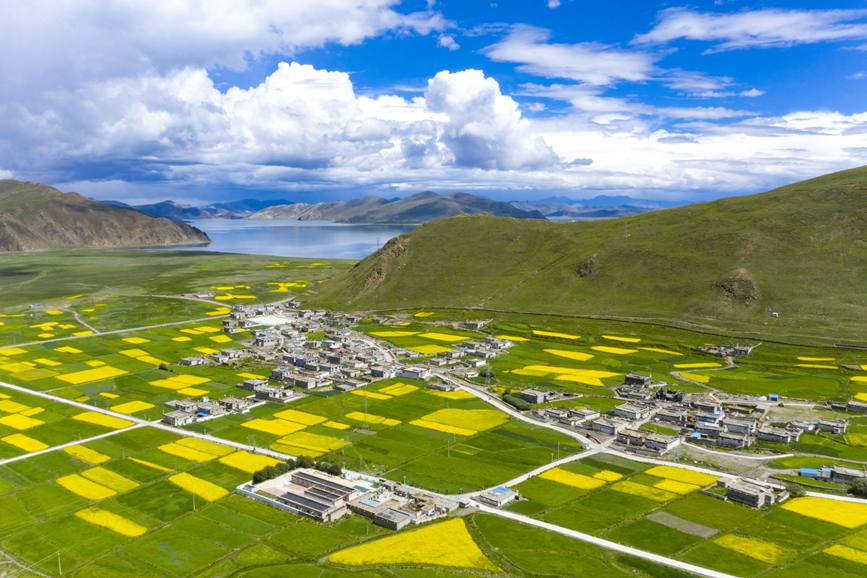 航拍道布龍村，依山傍水，阡陌縱橫。